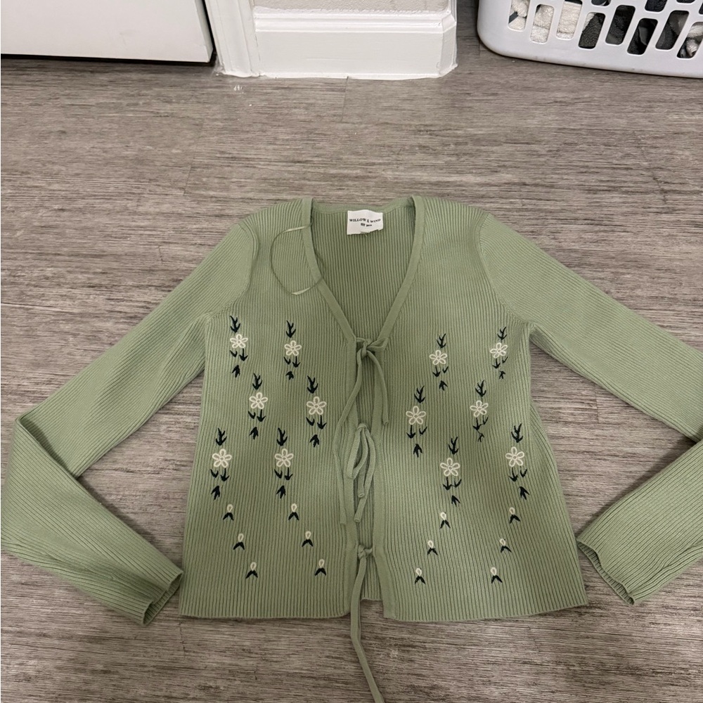 Tie-Front Embroidered Ribbed Cardigan - Sage Green